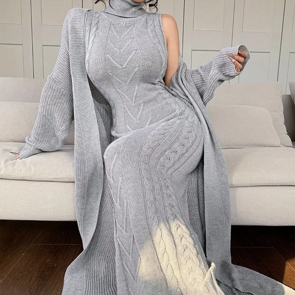 Grey Casual Women's High Neck Sleeveless Sweater Dress w/Cardigan - Picture 4 of 7